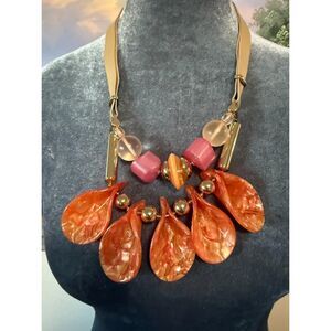 CHICO'S Firey Bright Gold Tone Bib Coral Pink Summer Chunky Necklace 18"